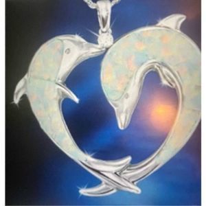 WHITE DOLPHIN OPAL HEART N STERLING SILVER NECKLACE